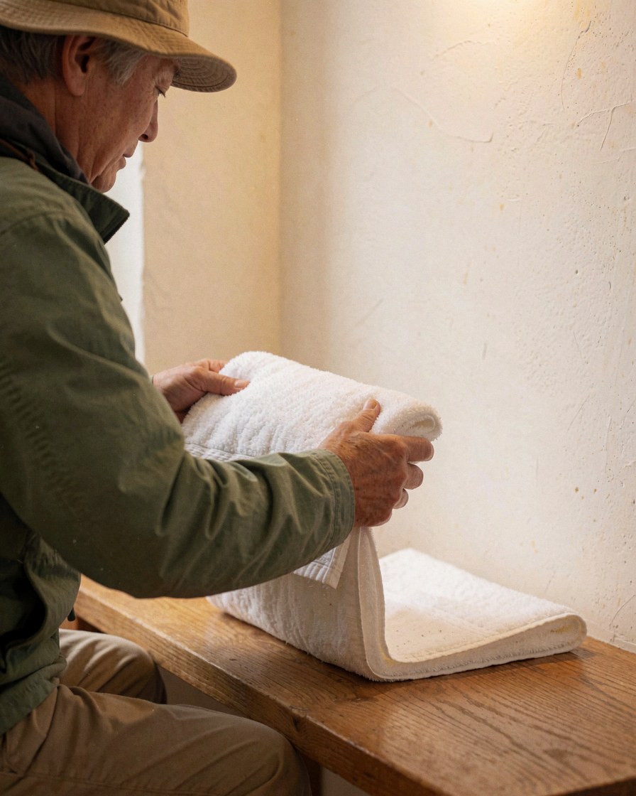 A man folding a white towel on a wooden bench inside a mountain hut with warm walls and natural light.