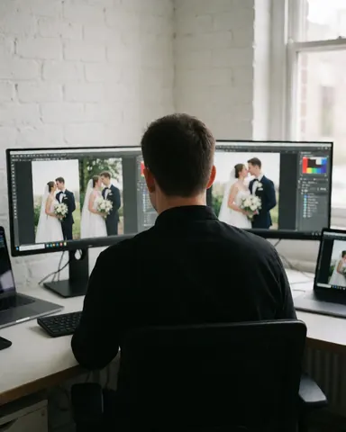 Wedding photographer working at a desk with monitors displaying couple photos, white brick wall, and natural light.
