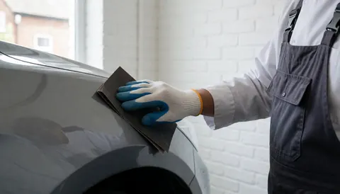 Gloved hand sanding a gray car fender with wet sandpaper in an auto repair shop with a white brick wall and natural light