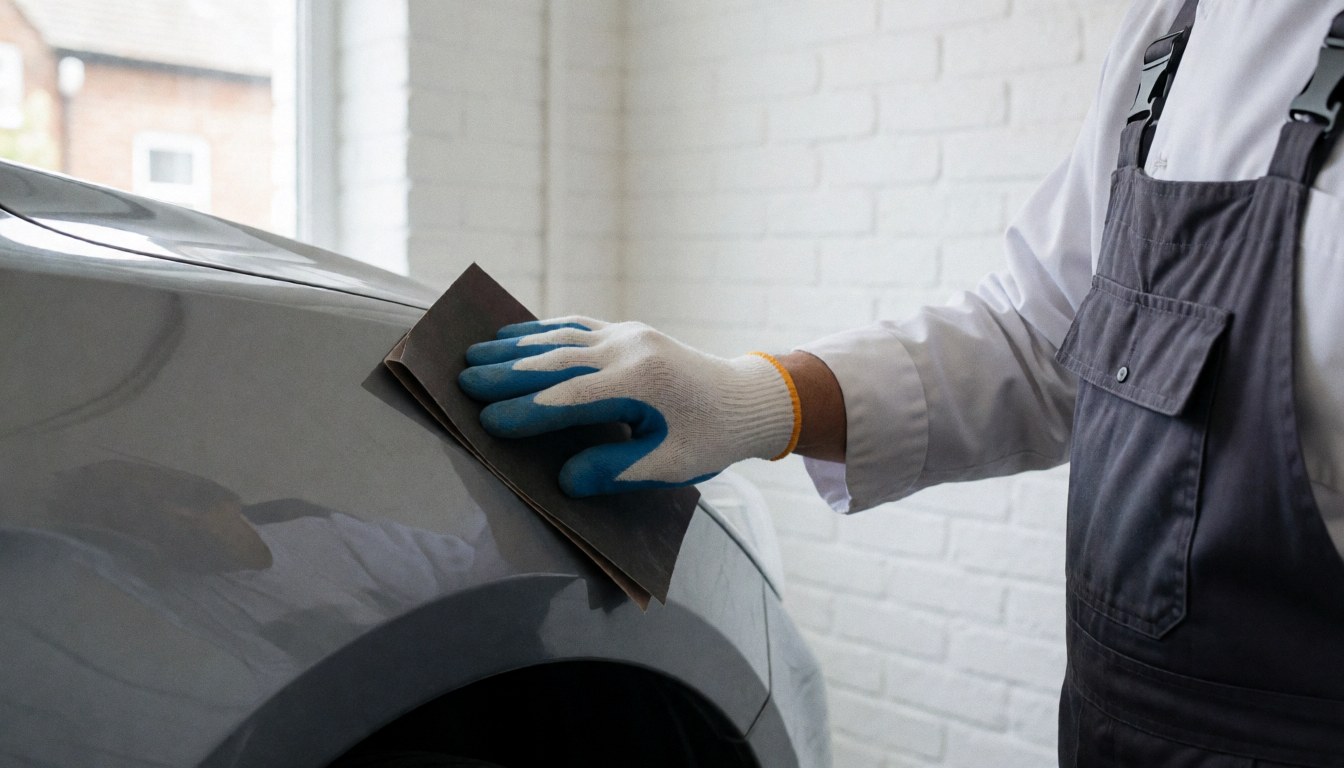 Gloved hand sanding a gray car fender with wet sandpaper in an auto repair shop with a white brick wall and natural light