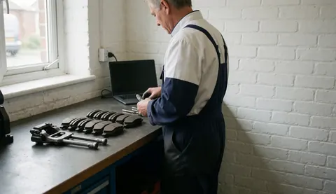 Mechanic checking new brakes in a workshop with white brick wall and natural light