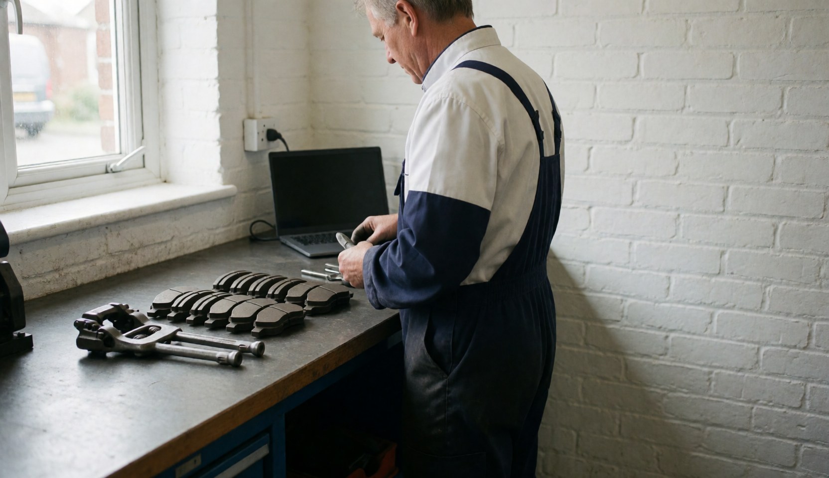 Mechanic checking new brakes in a workshop with white brick wall and natural light