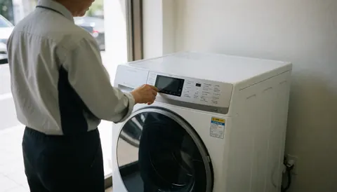 A worker in uniform adjusts a white washing machine in a laundromat with a clean tiled floor and natural light.