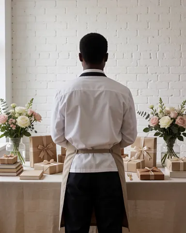 Back view of a person looking at a wedding gift table with wrapped presents, flowers, and books in a white brick room