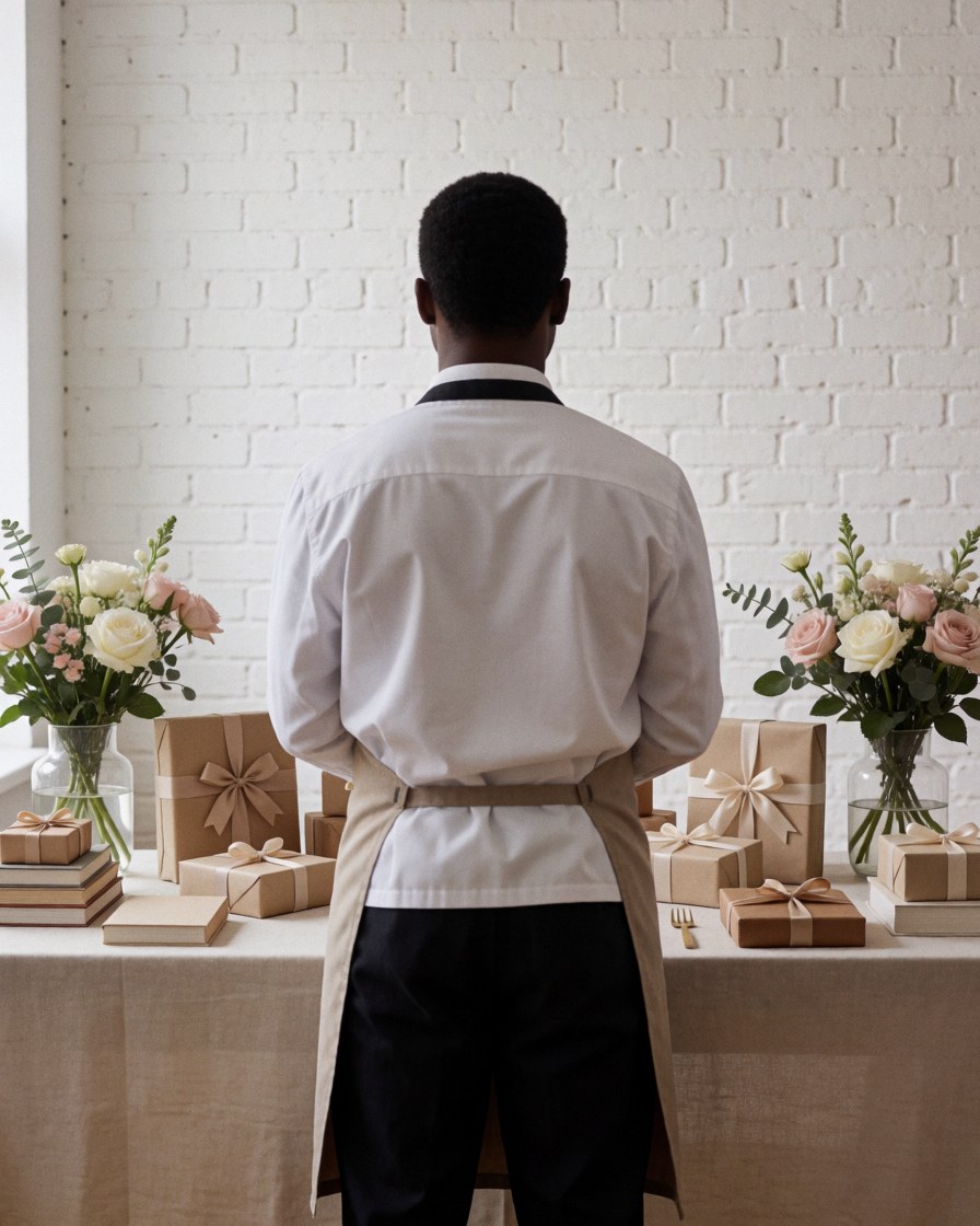 Back view of a person looking at a wedding gift table with wrapped presents, flowers, and books in a white brick room