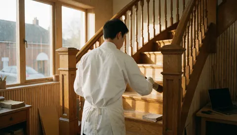 A man in a white apron applying varnish to a polished wooden ladder in a workshop with natural light