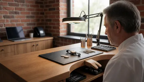 Watchmaker working on a disassembled watch with precision tools and a magnifying glass on a wooden table against a brick wall with natural lighting