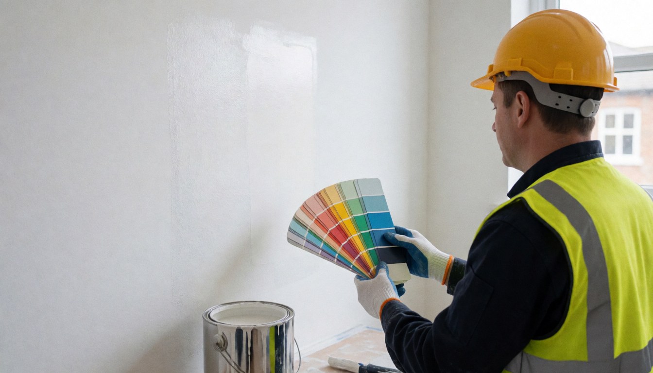 Painter wearing safety helmet and vest comparing paint colors on a freshly painted white wall with a paint can nearby
