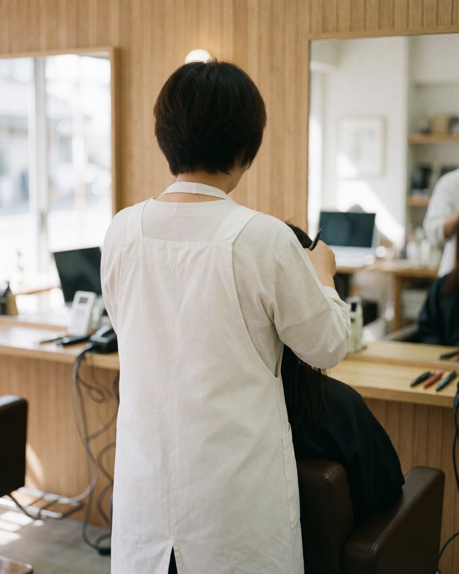 Stylist working in a wooden salon with natural light, client seated in a chair, professional and clean scene.
