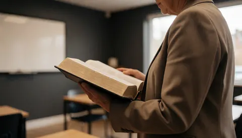 A teacher holds an open book in a classroom with gray walls and natural light, suitable for Spanish language classes