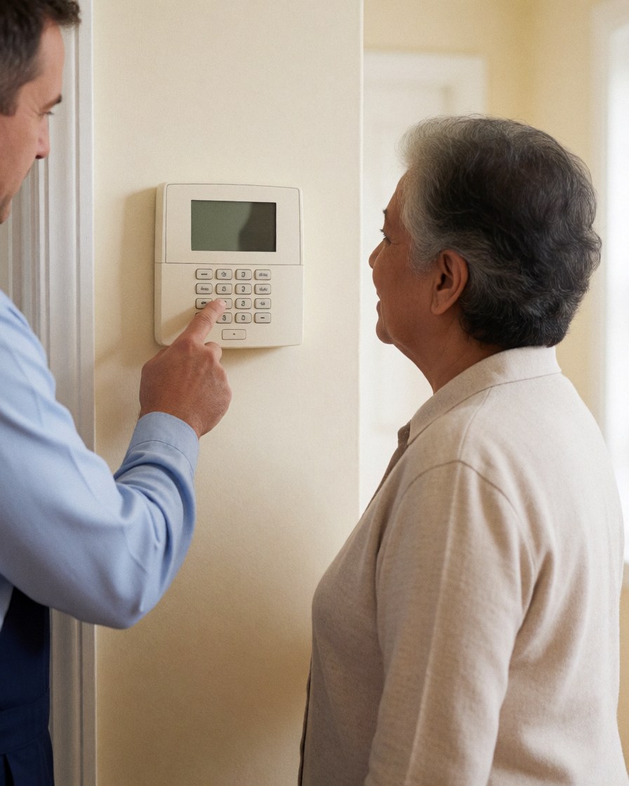 Technician showing a client how to use a beige alarm panel in a hallway with cream walls and natural light.