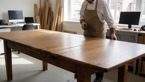 A man inspects a restored antique wooden table in a well-lit workshop with natural light