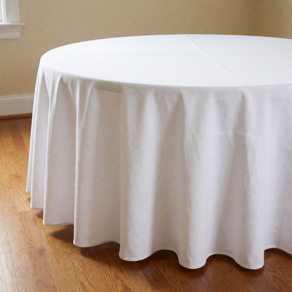 White tablecloth on round table in event space with wood floor and neutral walls