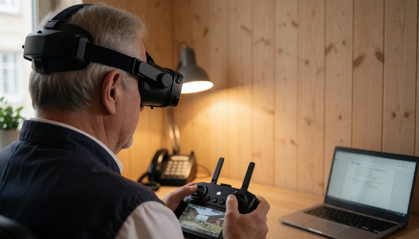 A pilot wearing FPV goggles and holding a drone controller in a wood-paneled office illuminated by warm desk lamp light.
