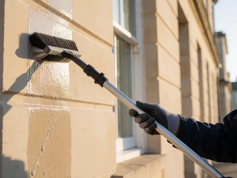 A gloved hand uses a squeegee to clean a stone building facade, with soapy water visible under bright sunlight.