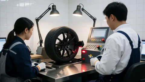 Modern tire repair shop with two technicians working on a wheel using a digital balancing machine under bright work lights.