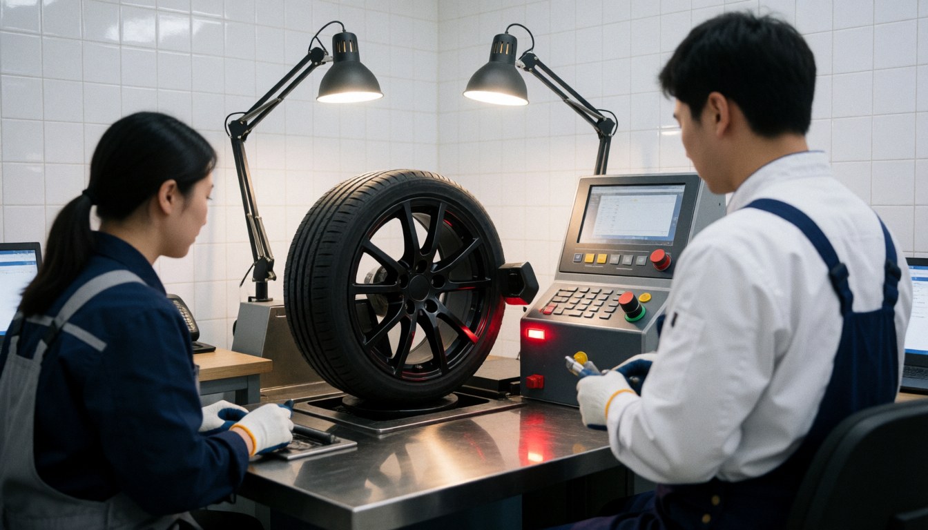 Modern tire repair shop with two technicians working on a wheel using a digital balancing machine under bright work lights.