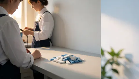 Stack of white and blue tailor chalk pieces resting on a wooden work surface, highlighting sewing tools for shirt repair services