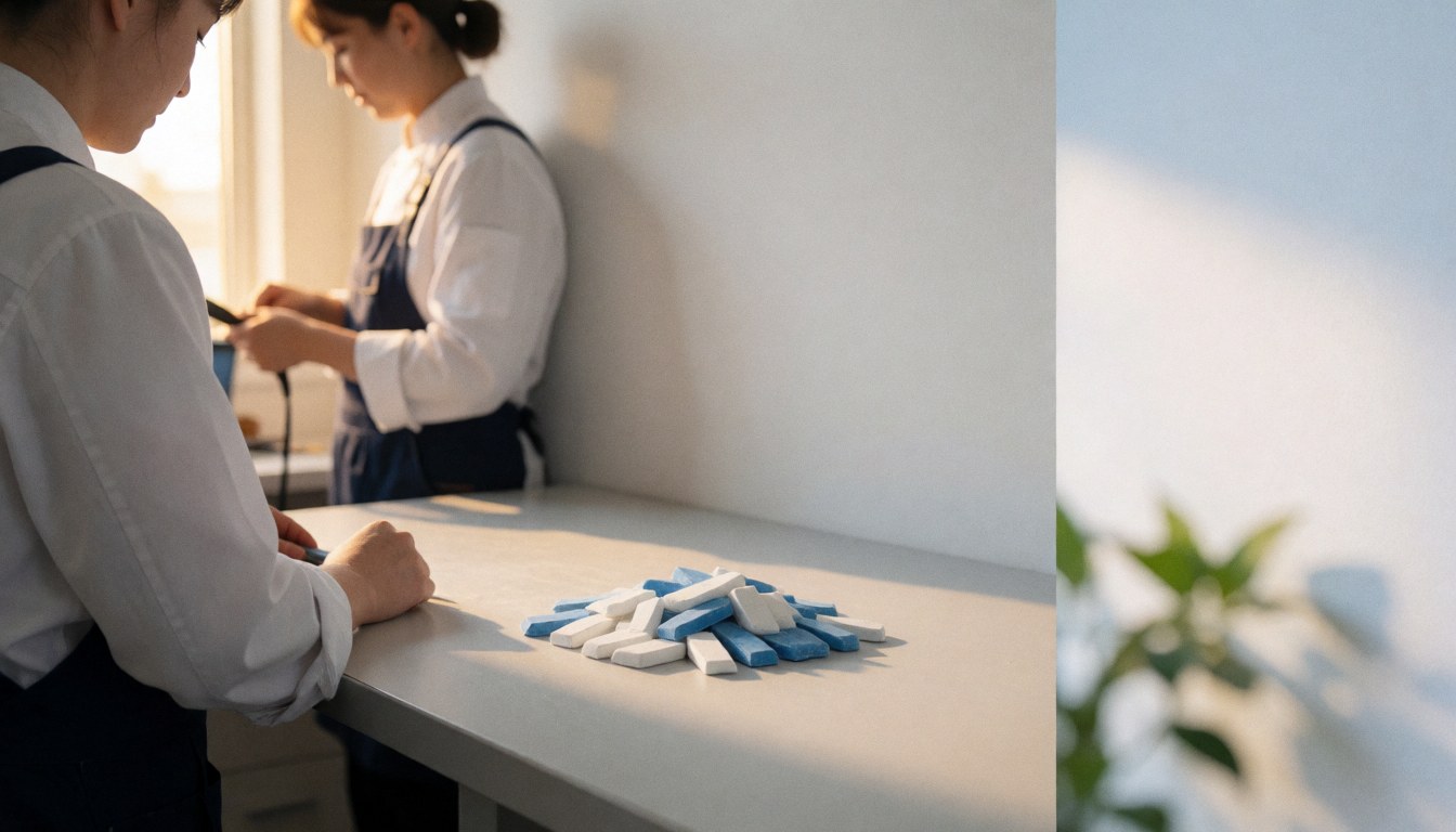 Stack of white and blue tailor chalk pieces resting on a wooden work surface, highlighting sewing tools for shirt repair services