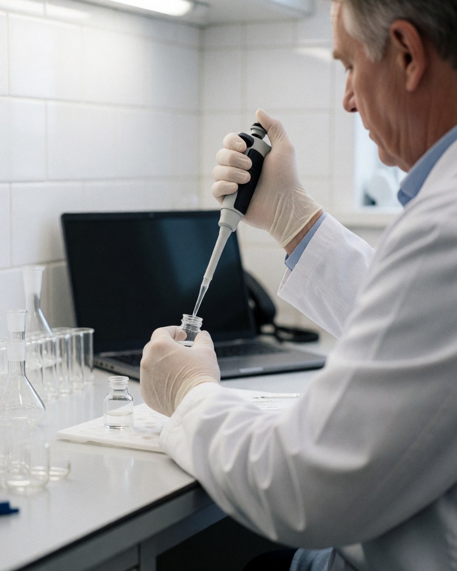 Technician using a pipette to transfer liquid into a vial in a clean laboratory with white tiled walls and glass equipment