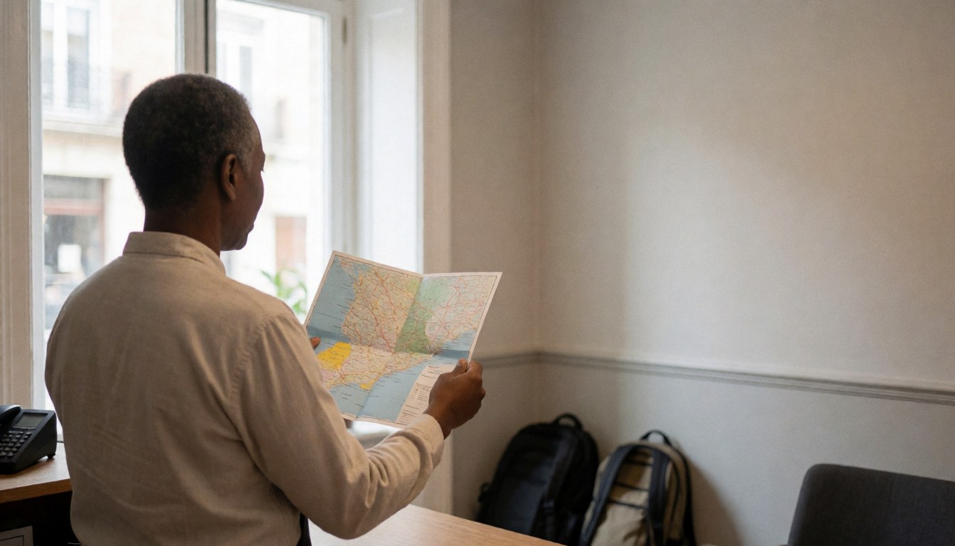 Person viewed from behind holding a map at a hostel front desk with backpacks in the background and natural light from a window