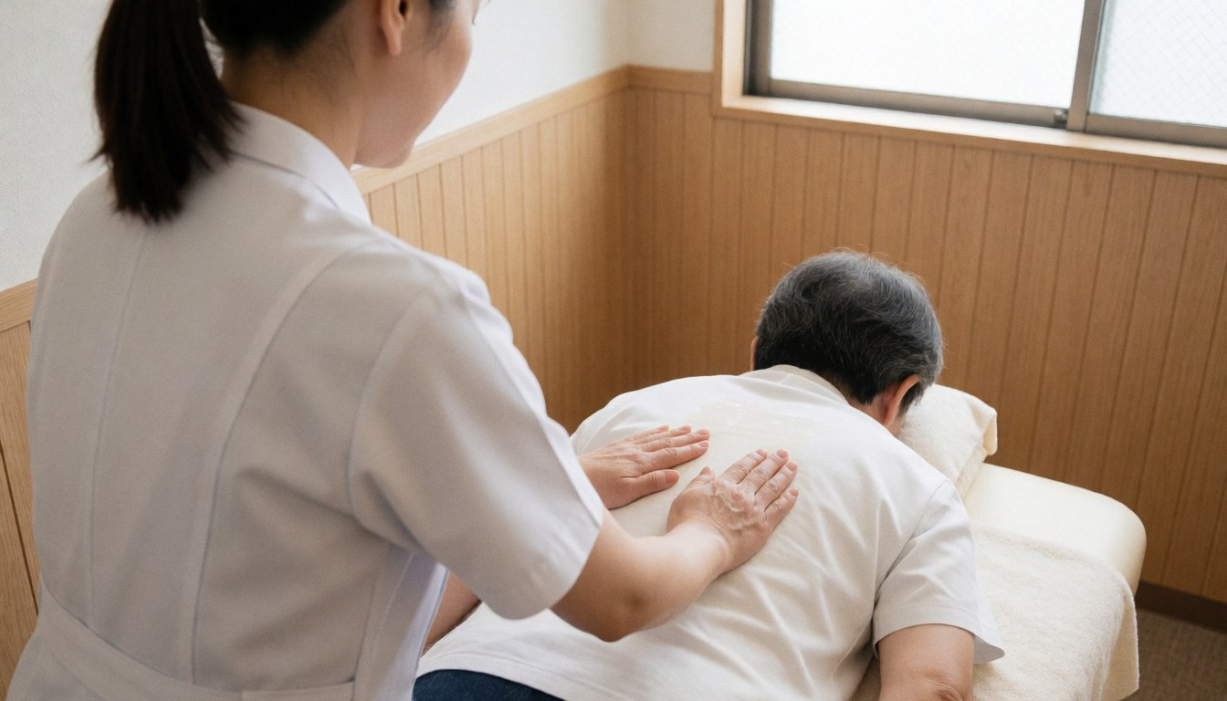 Therapist applying sports massage to a client on a table with wooden walls, viewed from behind in a calm professional setting