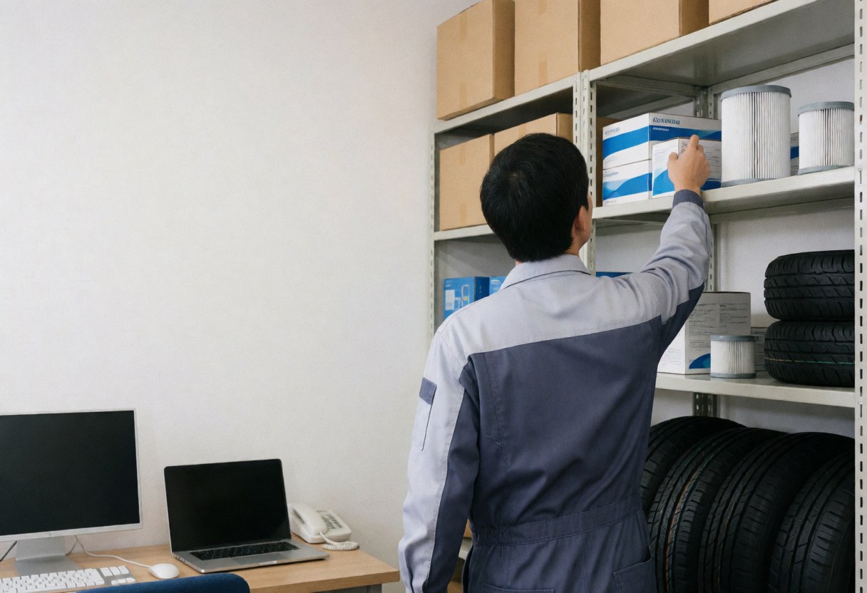 Mechanic in uniform retrieves an air filter from a high shelf in a motorcycle repair shop with organized tires and boxes.