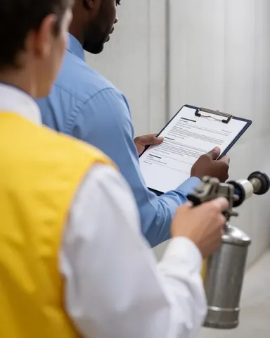 A client reviews a document while a worker in a yellow vest performs industrial cleaning in a warehouse.