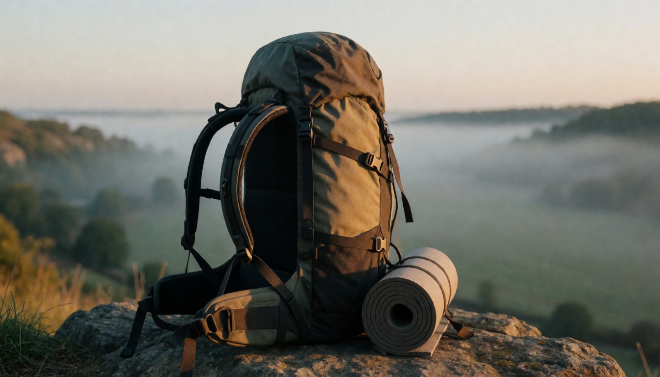 Camping backpack with rolled sleeping pad on a rock overlooking a misty valley at dawn, suitable for a camping business website hero section