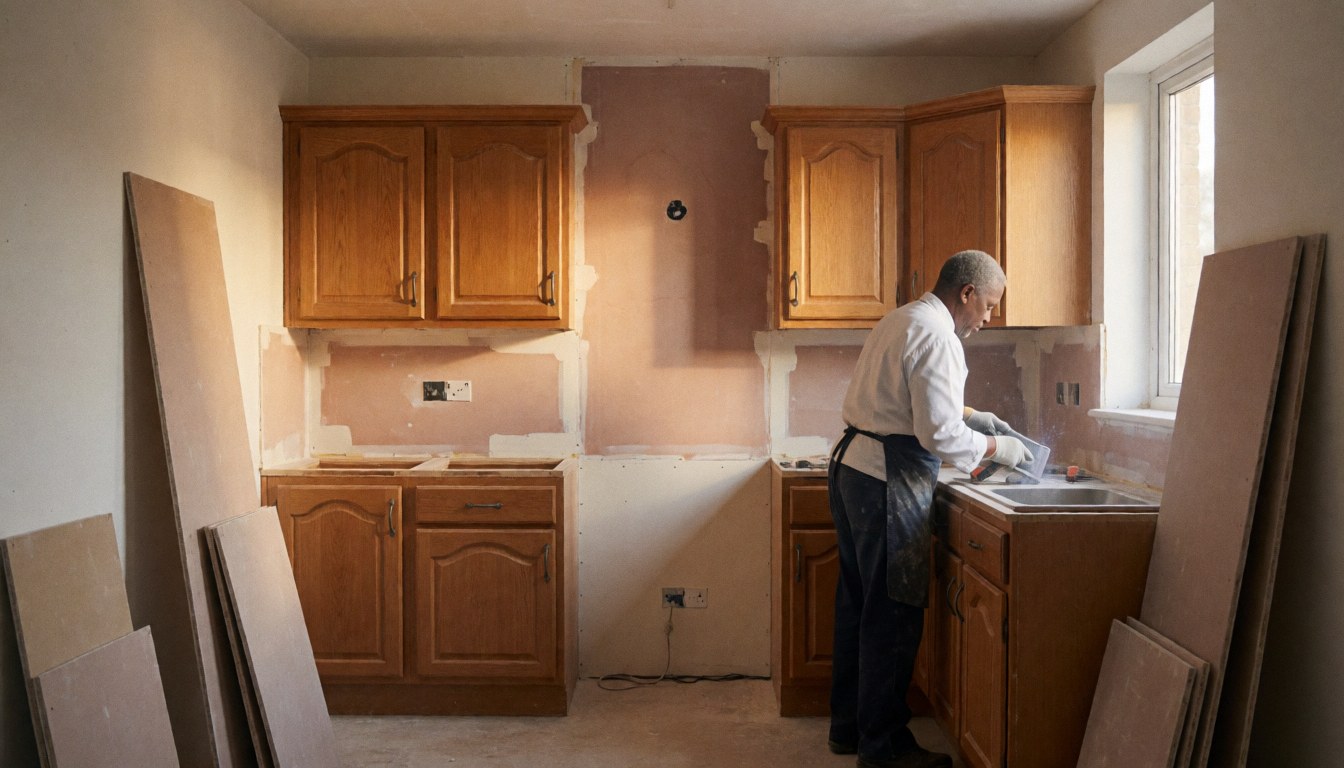 Professional repairing kitchen walls with plasterboards and tools, showing the wall restoration process.
