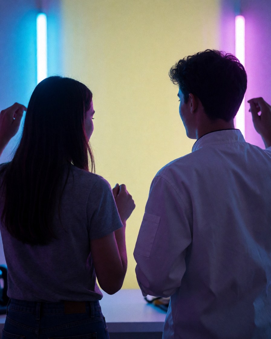 Two young people dancing energetically at a party with blue and purple neon lights and cream walls, viewed from behind