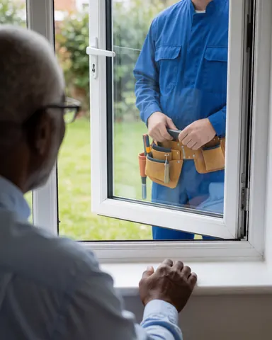 A satisfied client views the newly installed double glazing from inside, highlighting the green garden outside.