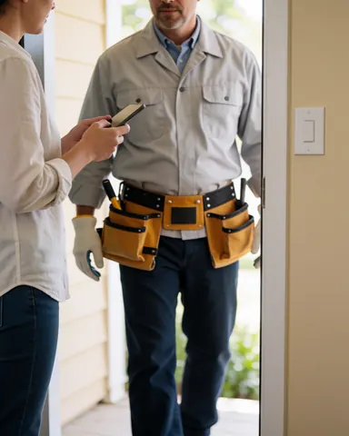 Heating repair technician wearing a tool belt arriving at a residence with beige walls, ready to provide professional service.
