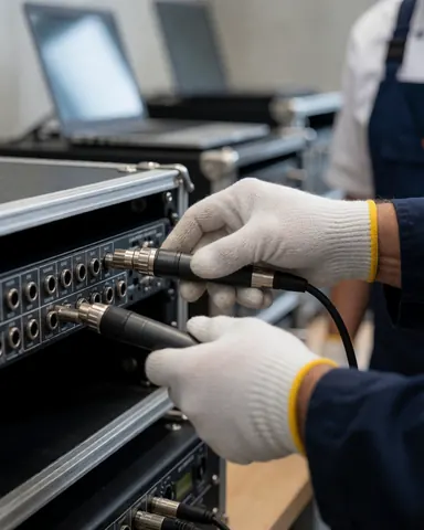 Close-up of gloved hands plugging a microphone cable into a professional audio mixer on a technical stage with laptops in the background.