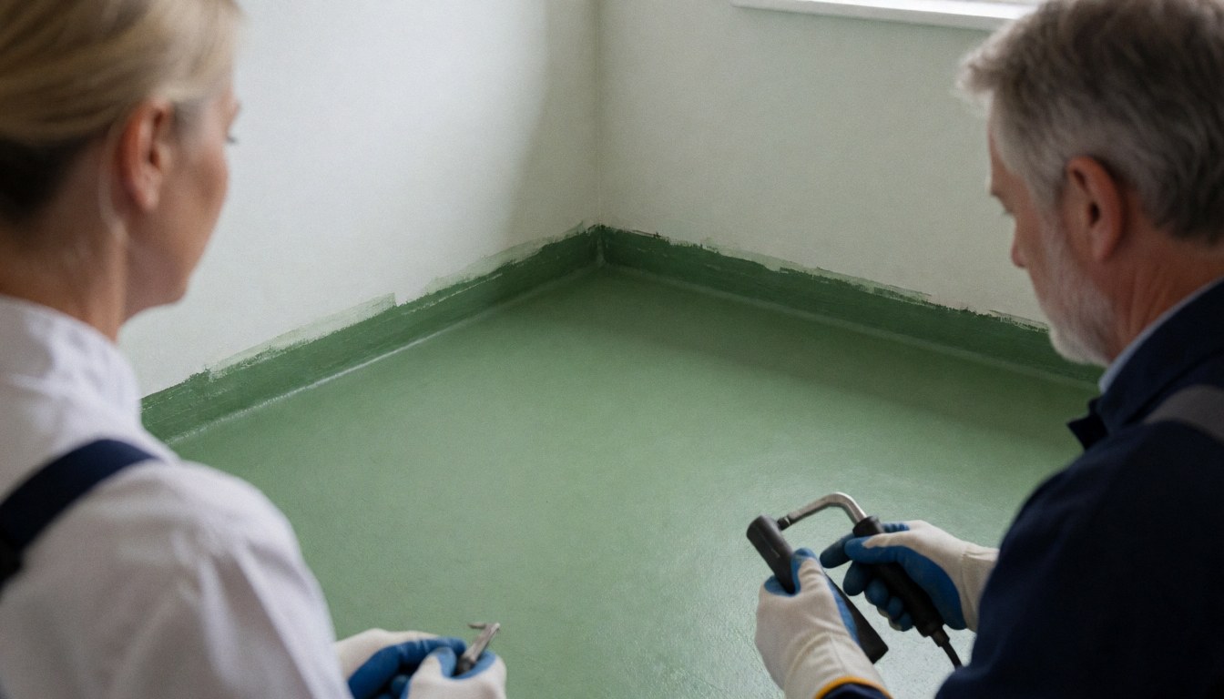 Two professionals inspecting the newly applied green waterproofing layer in a bathroom corner with tools and natural light.