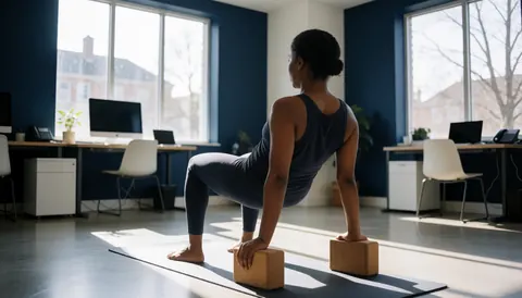 Woman doing yoga with blocks in a studio with blue walls and natural light, ideal for a personal trainer.