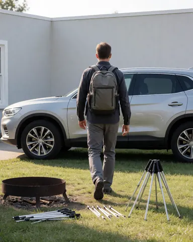 A man carrying a backpack walks toward a silver SUV at a campsite with a fire and tent equipment.