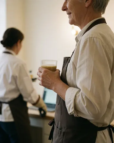 A professional holding a beverage while another person works in the background of a clean, warm environment.