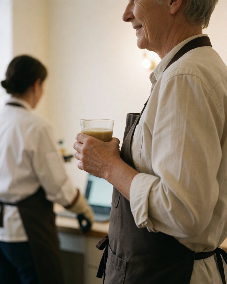 A professional holding a beverage while another person works in the background of a clean, warm environment.