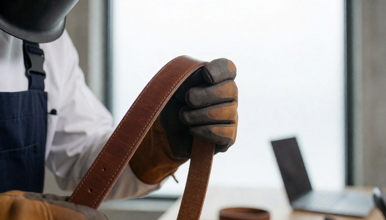 Brown leather belt with visible stitching held by a gloved hand in a concrete workshop with natural light