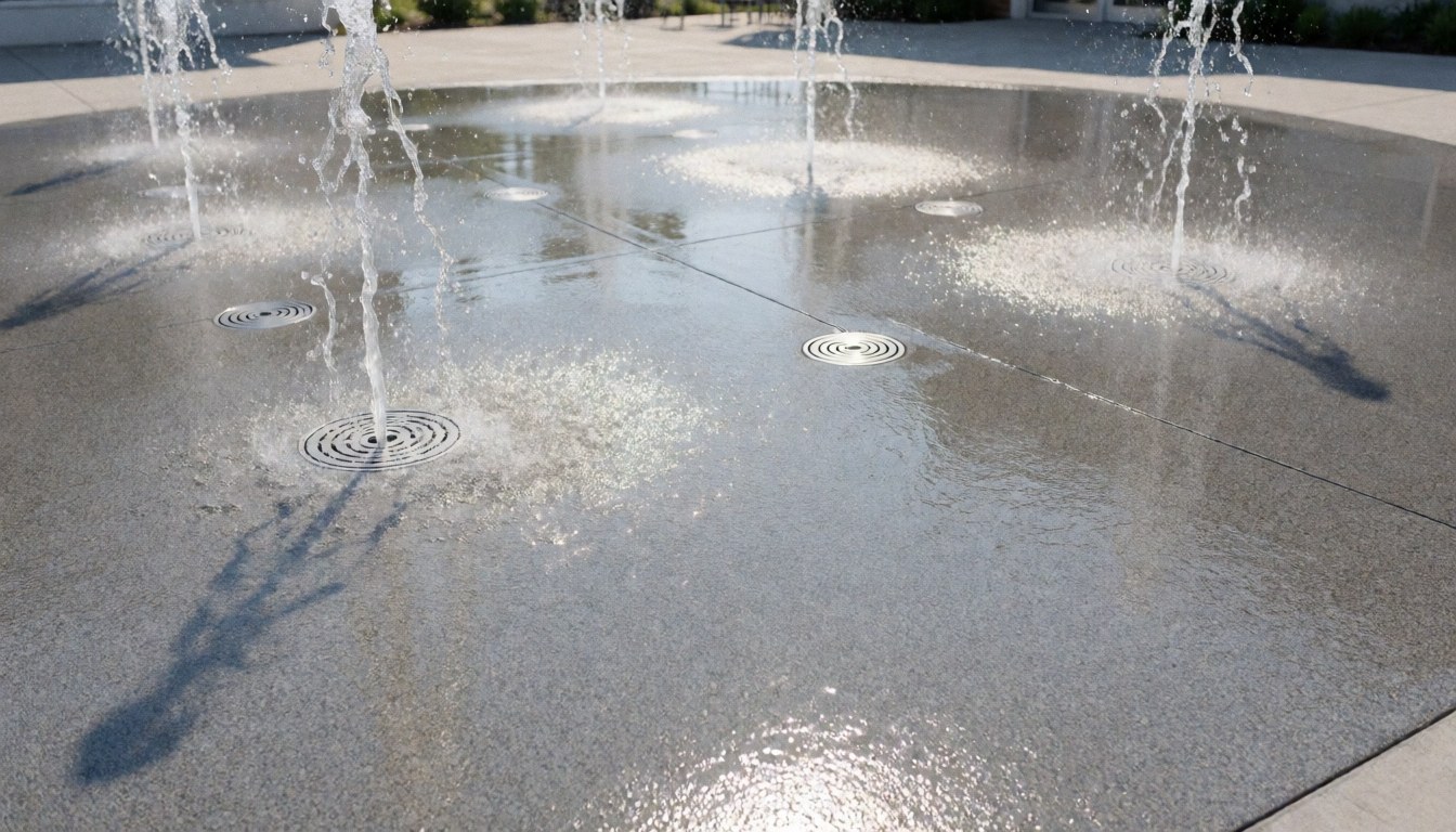 Water park background with water sprays splashing on wet concrete floor and circular drains, ideal for website hero section