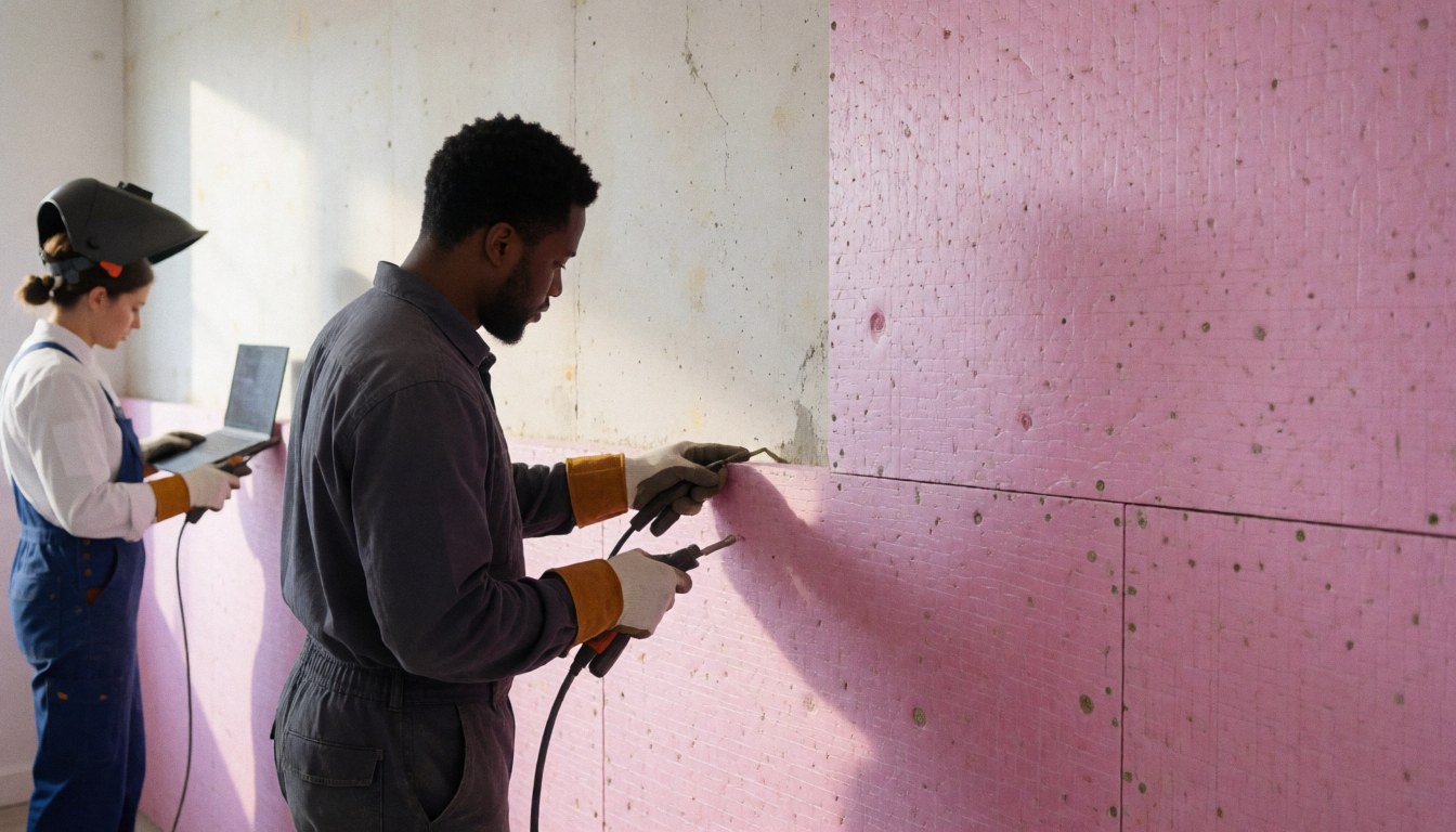 Worker installing pink thermal insulation panels on a foundation wall using a drill with natural lighting