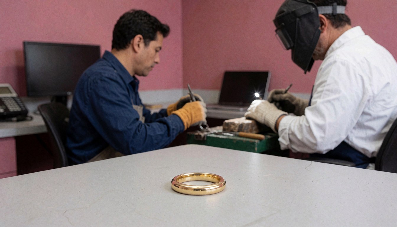 Close-up of a shiny gold ring on a workbench with two jewelers working in the background of a pink-walled studio.