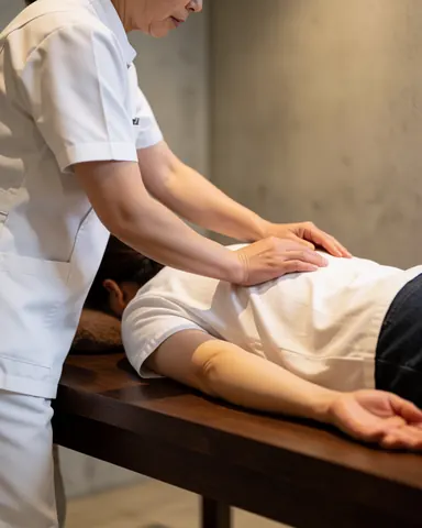 Therapist in white uniform applying ayurvedic massage to client on wooden table against concrete wall with warm lighting