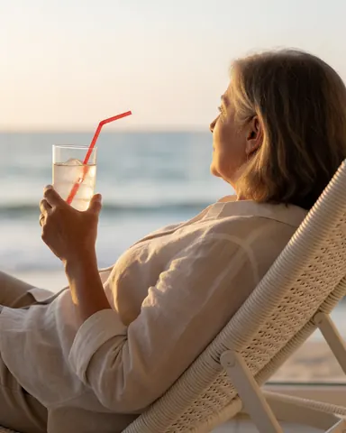 A woman enjoys a straw drink in a white beach chair while looking at the ocean during a golden sunset.
