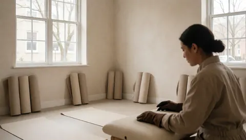 Yoga instructor preparing a mat in a bright studio with natural light and stacked mats against neutral walls