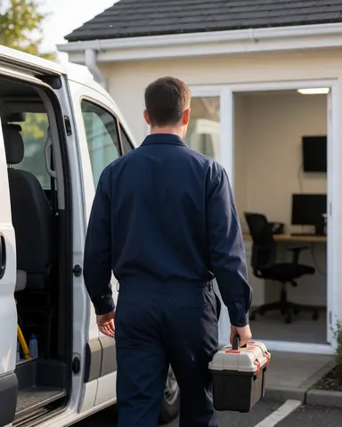 A repair technician carrying a tool kit walking toward an office building for a service call