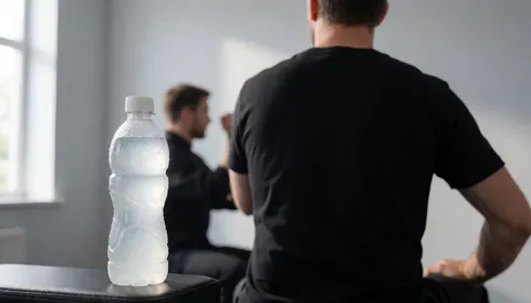 Close-up of a cold beverage bottle with water droplets, with a person stretching in the blurred background, suitable for a CrossFit coach website hero image