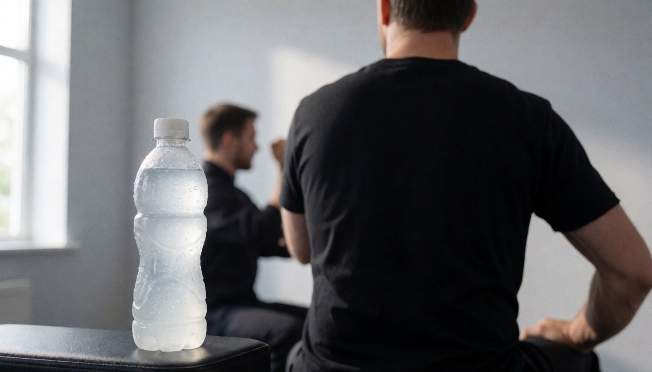Close-up of a cold beverage bottle with water droplets, with a person stretching in the blurred background, suitable for a CrossFit coach website hero image