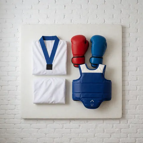 Taekwondo uniform, gloves, and protective vest on a white mat with a white brick wall background